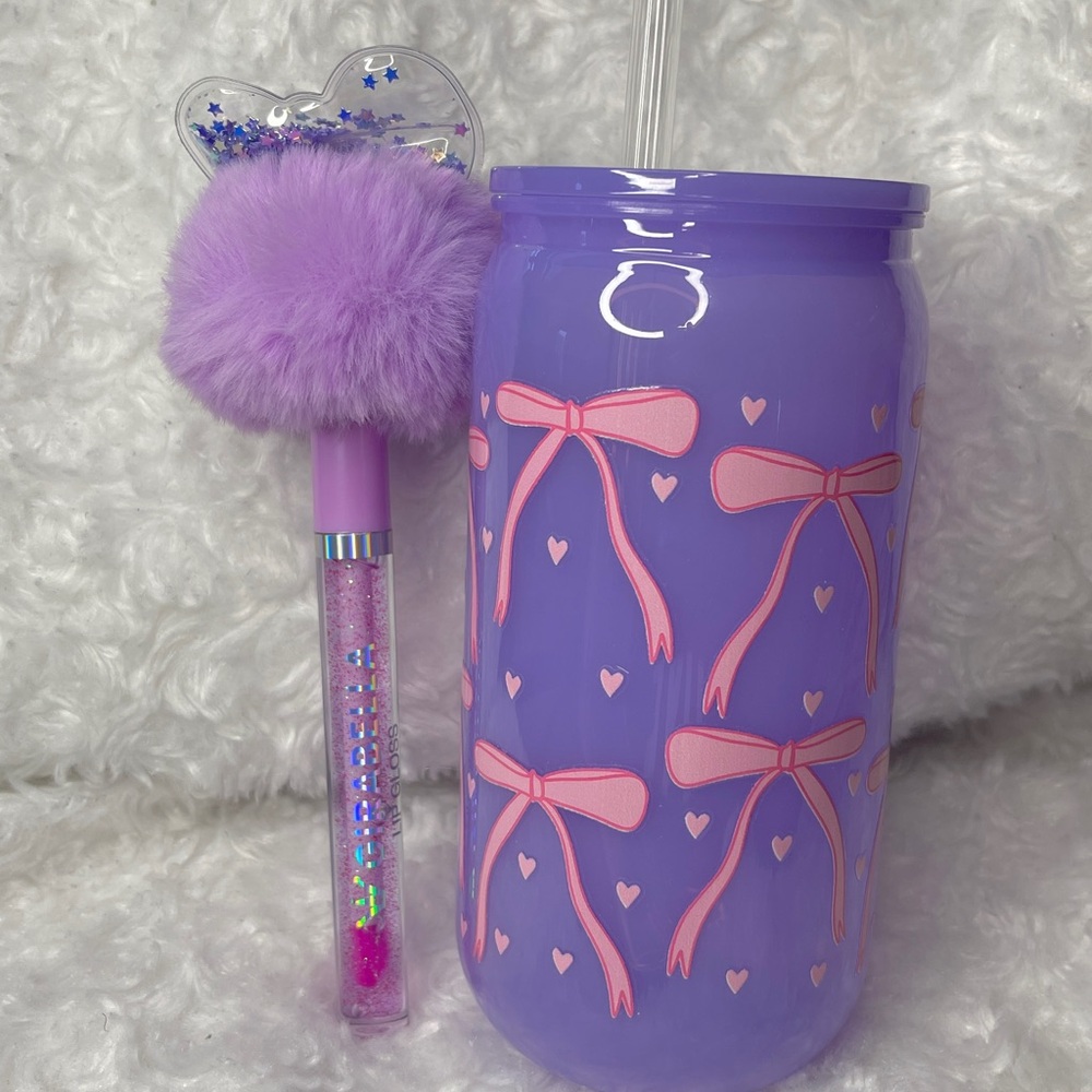 Purple Bow Tumbler and Fluffy Pen Set